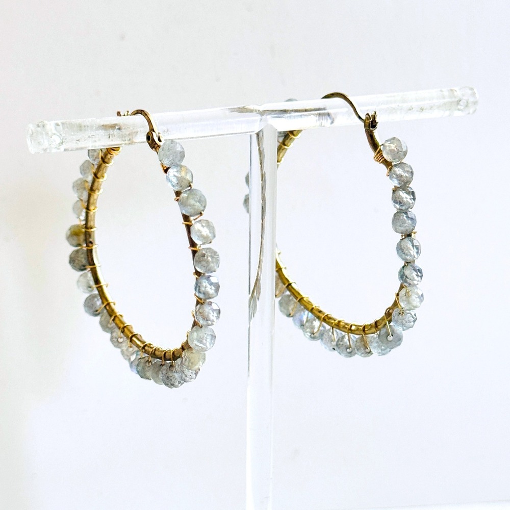 Labradorite hoop Earrings gold filled dangle‎ wired BOHO Statement pierced 1.95"